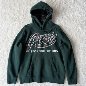 ROOTS Unisex Forest Green Organic Cotton Tartan Plaid Embroidered Hoodie Sweater